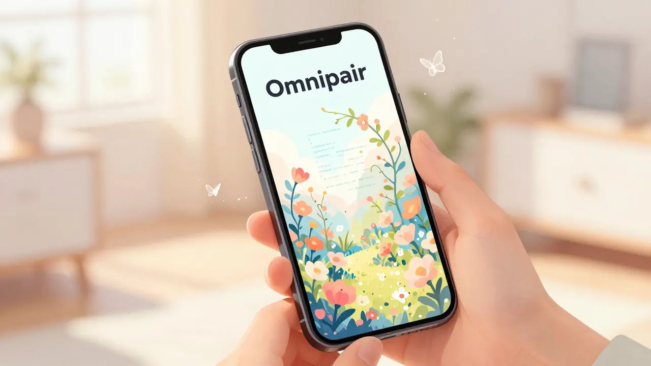 Hands holding phone with abstract flower garden display