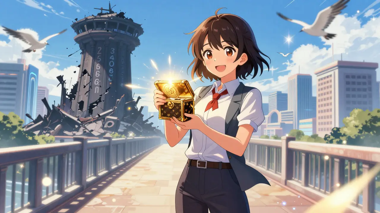 Happy anime character holding hardware wallet on bridge to safe future