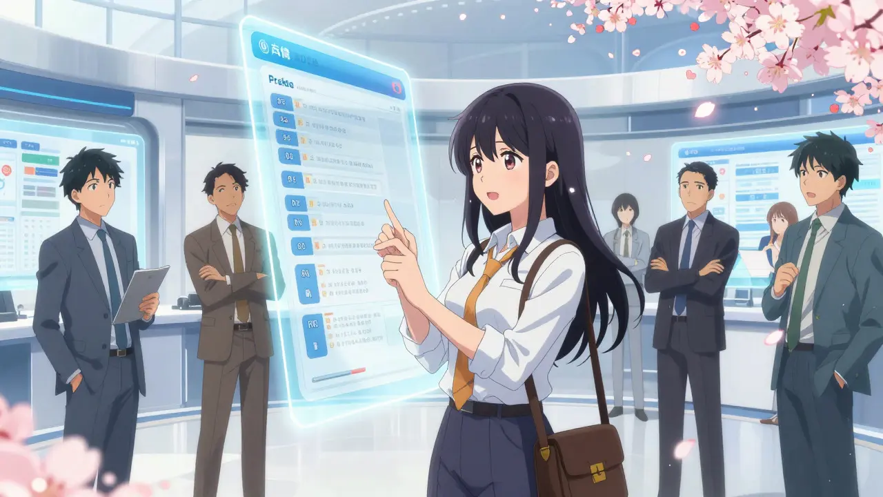 Happy anime traders checking lists in a bright, floral trading room