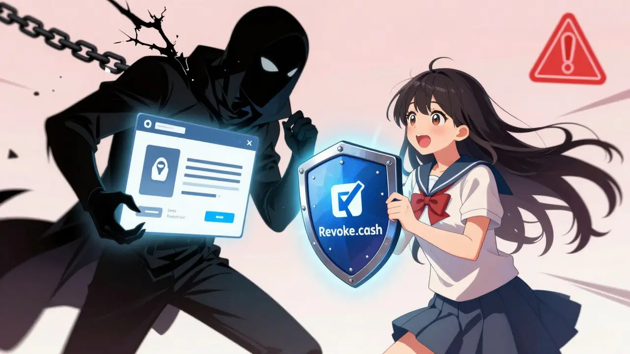 Manga character defending against a shadowy crypto scammer