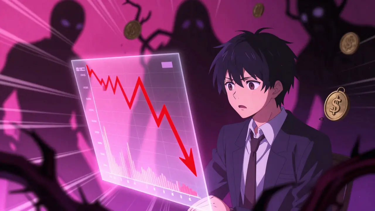 Manga character looking at a crashing red stock chart