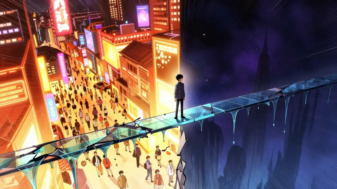 Manga character on a bridge between a busy city and silent space