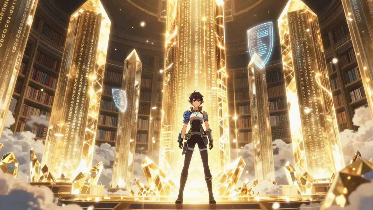 Manga girl standing before glowing on-chain data crystals