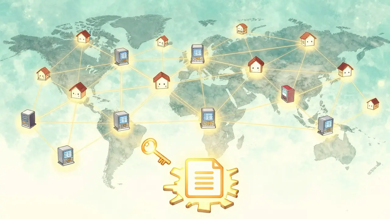 Manga illustration of a global network of glowing nodes and a digital key