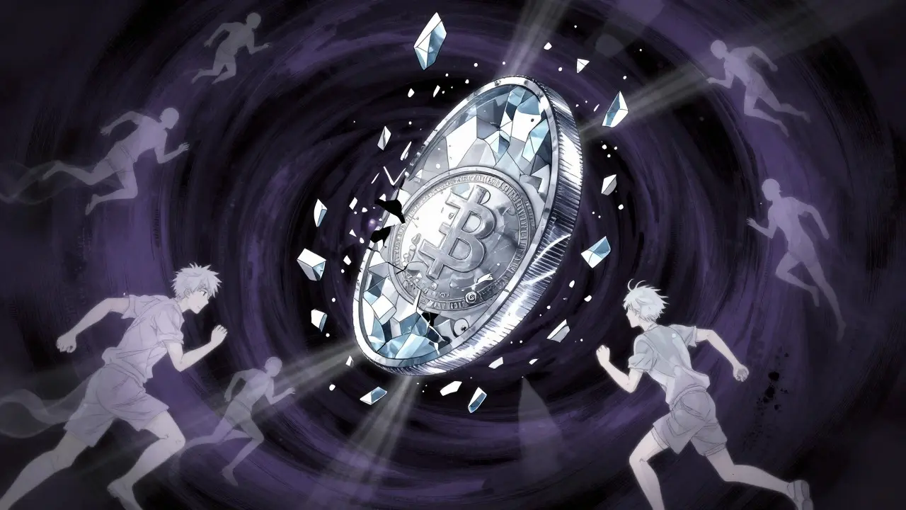 Manga style crystal structure shattering in dark vortex