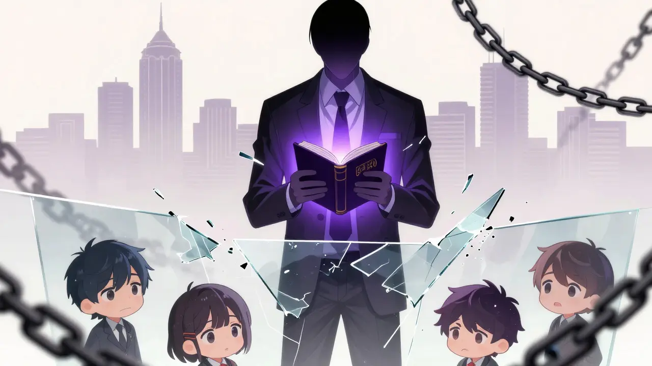 Manga villain hiding behind glass wall trapping anxious user characters