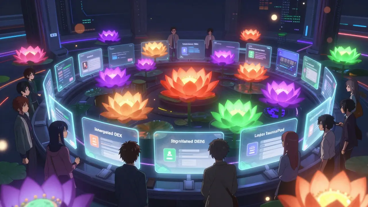 Neon lotus flowers representing token launches in a digital garden