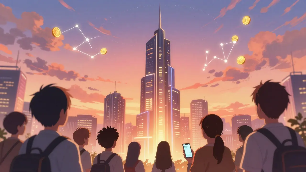 Optimistic anime crowd looking at a futuristic city with digital coin constellations