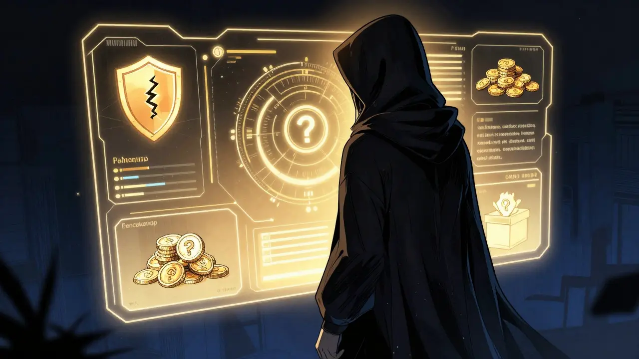 Shadowy figure trading on a glowing decentralized exchange interface