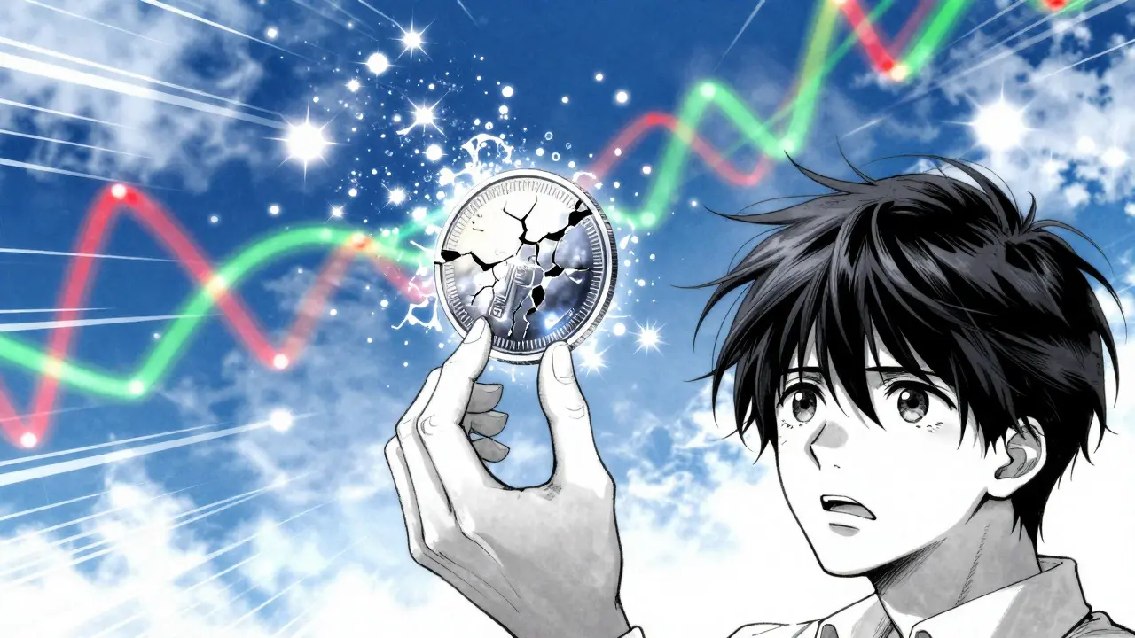 Shoujo manga art of a hand holding a cracking holographic coin amidst swirling market graphics