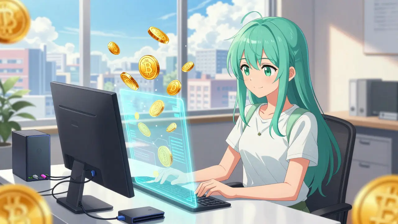 Shoujo manga scene of a developer earning crypto tokens from storage