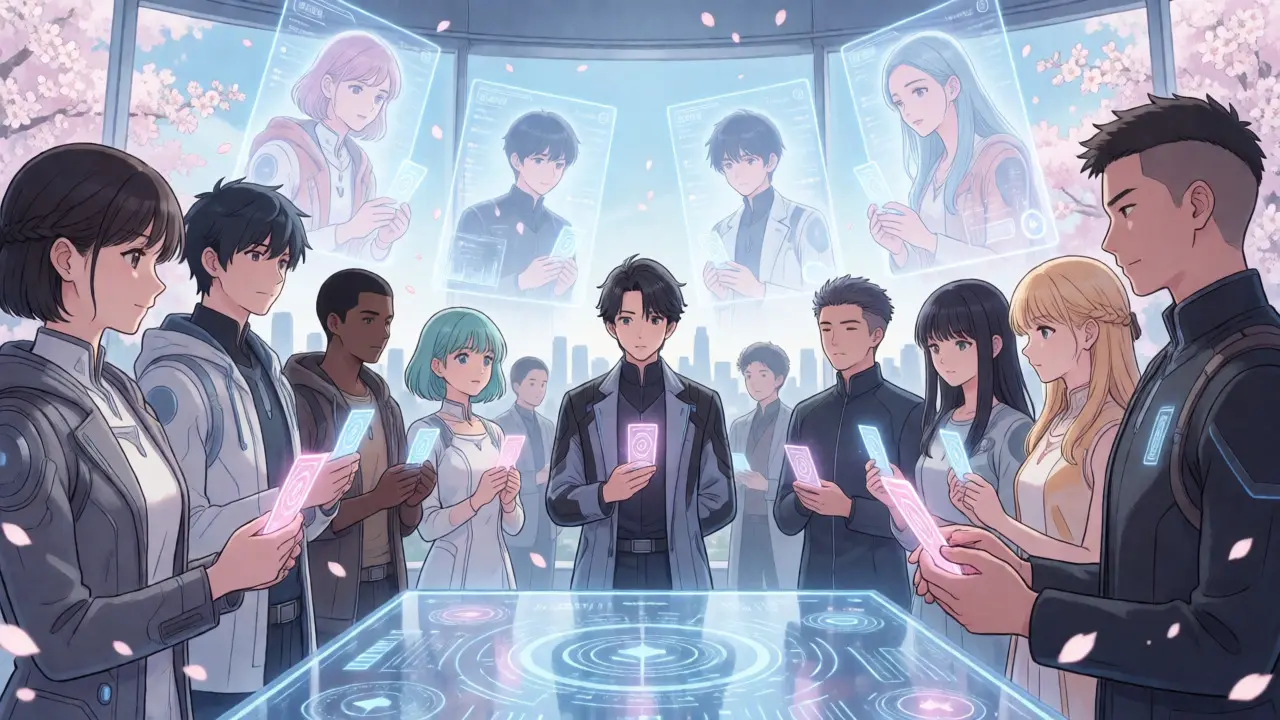 Shoujo manga scene of anime characters using glowing tokens to govern an oracle protocol.