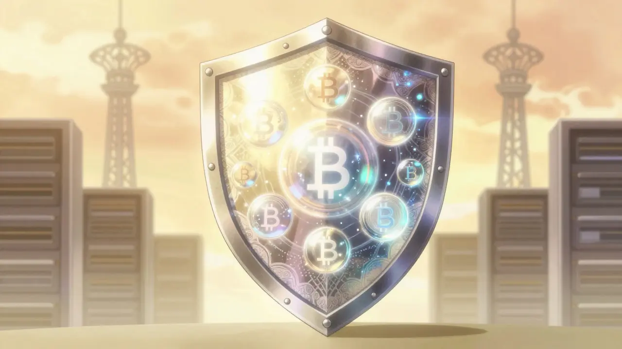 Shoujo manga style image of a protective light shield surrounding glowing crypto assets