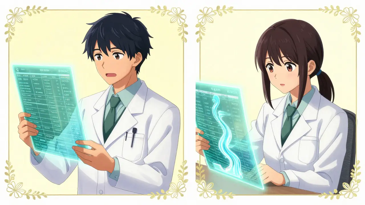 Split-screen anime image of a doctor and analyst reviewing secure, glowing digital records.