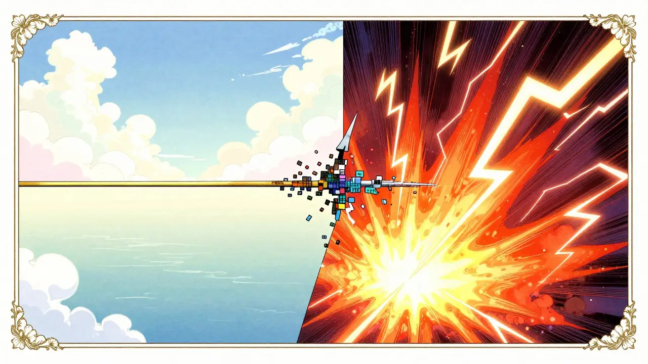 Split view of calm stable line versus chaotic volatile explosion in manga art
