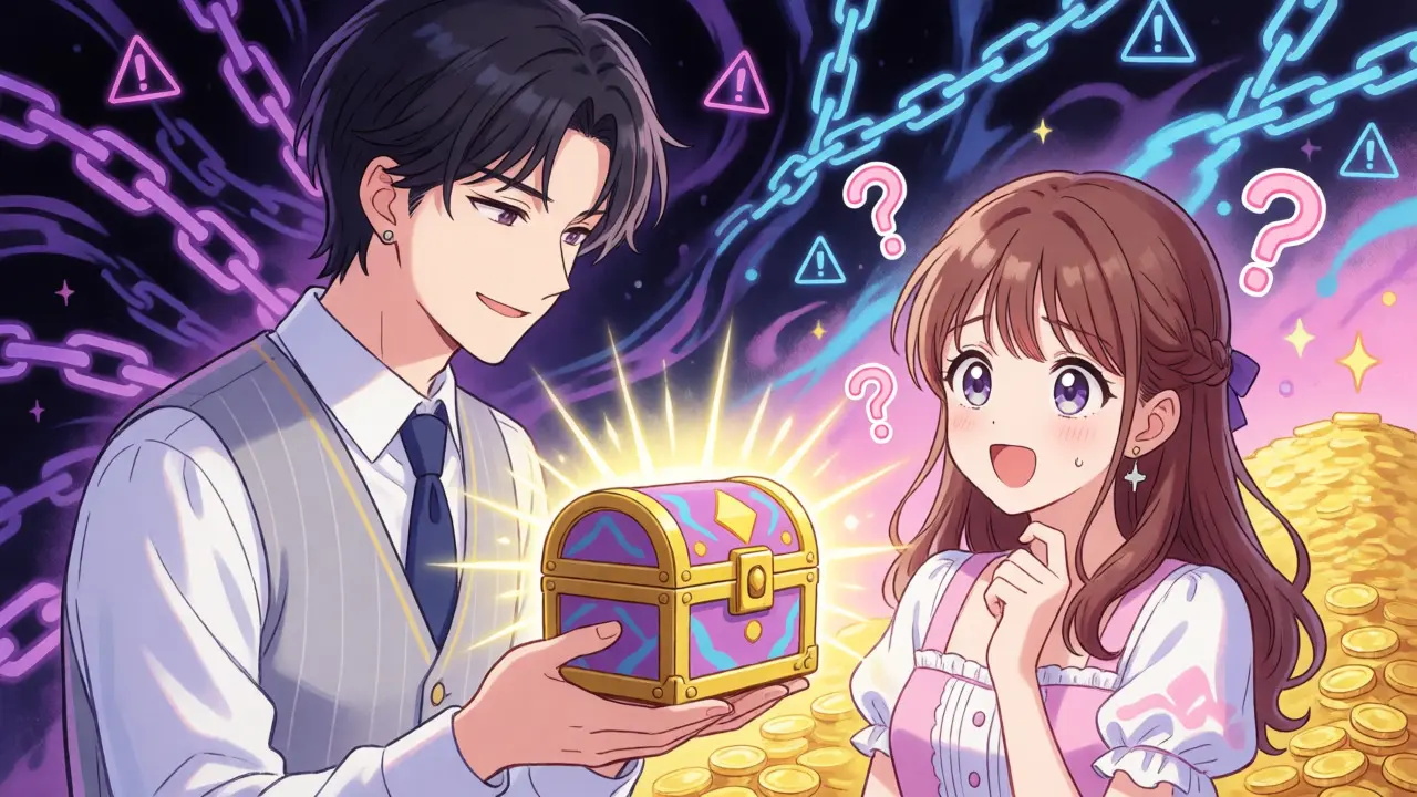 Suspicious anime character offering a treasure chest to a hesitant girl amid digital warnings.
