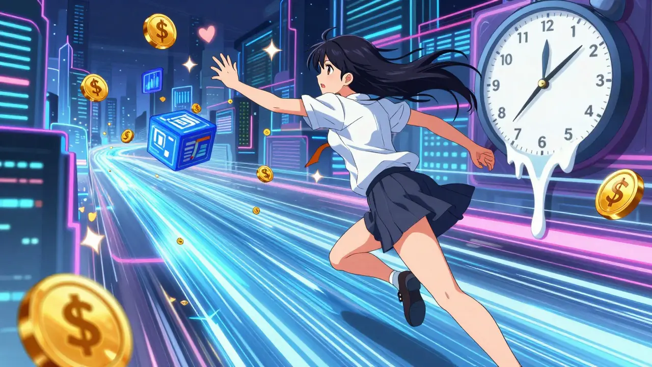 Woman running fast through DeFi network catching tokens, manga art