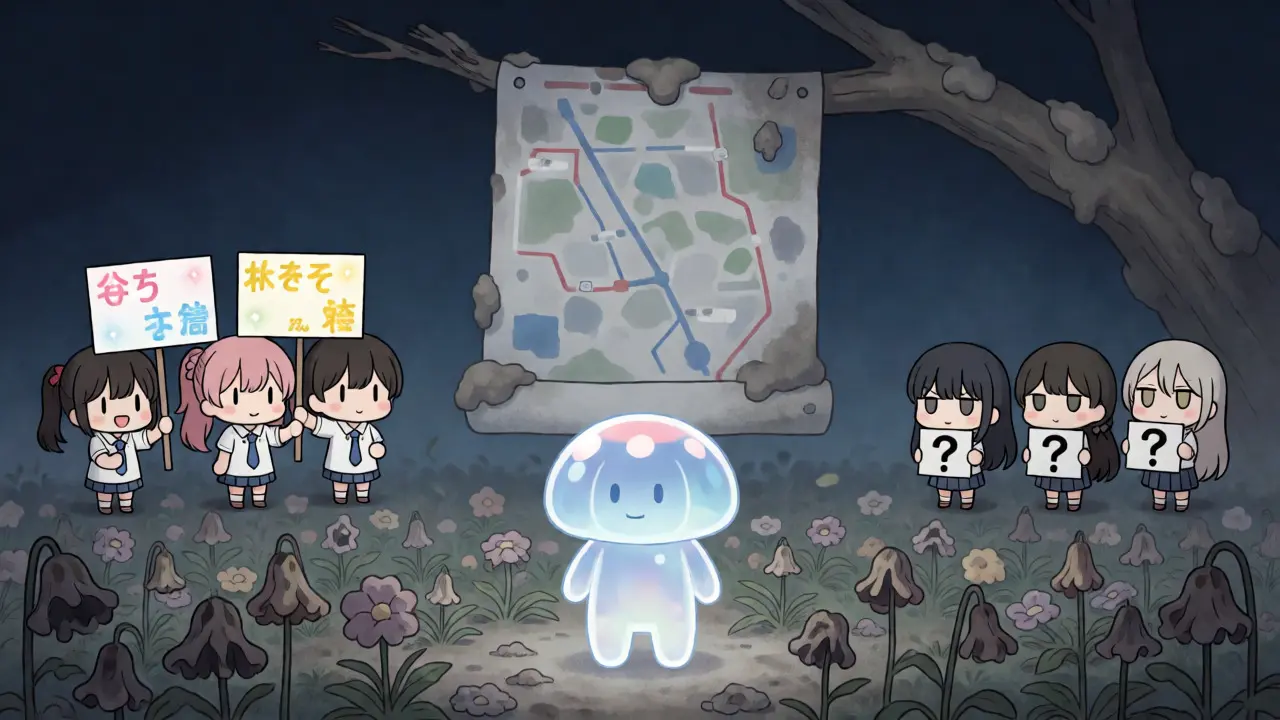 A lonely jelly character in a dusty digital garden with skeptical observers
