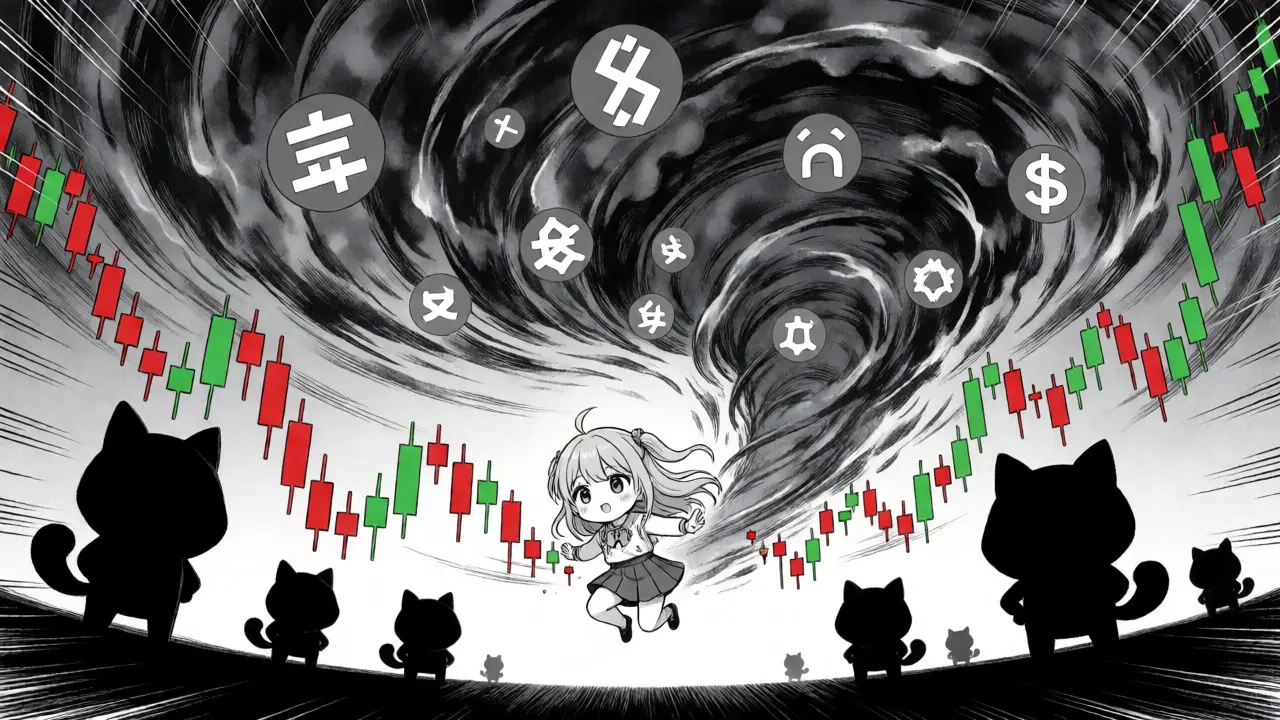 A small jelly token battling a storm of volatile trading charts in anime art