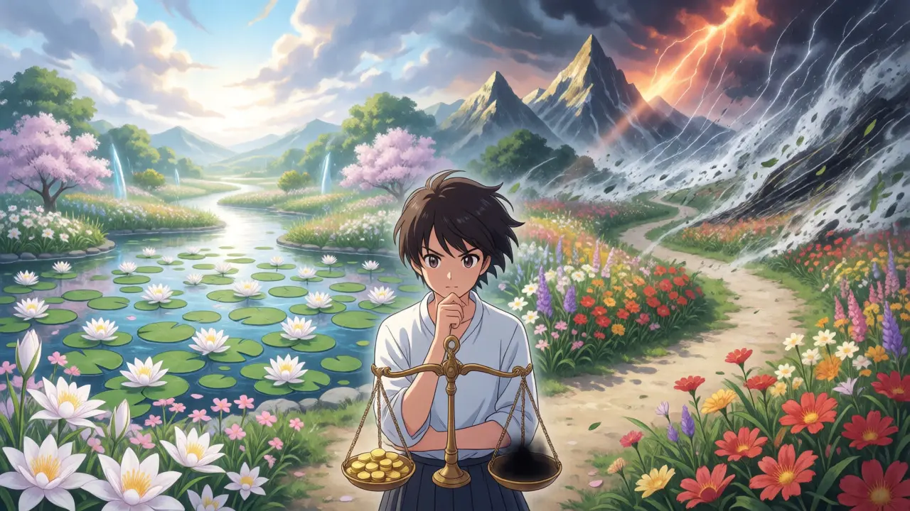 Anime character choosing between stable and volatile paths in a DeFi landscape.