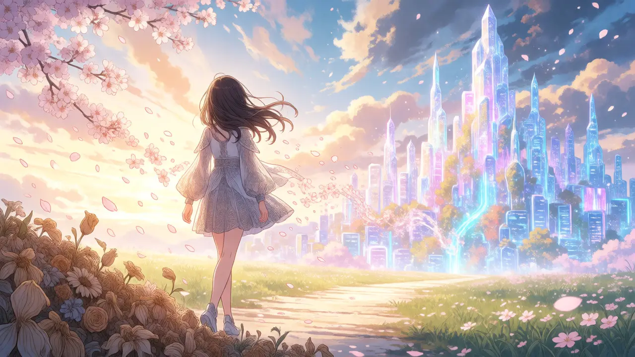 Anime character walking from wilted flowers to a bright futuristic city.