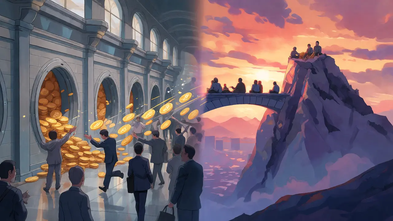 Anime depiction of Bitcoin flowing from exchanges to cold storage