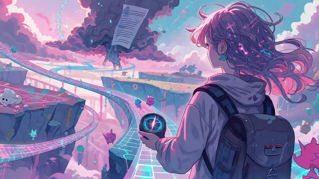 Anime explorer navigating a magical bridge across diverse blockchain islands.