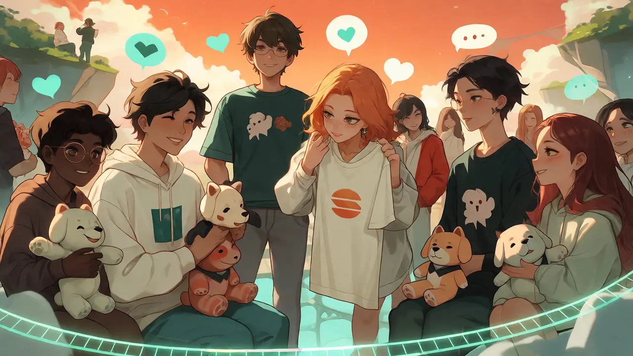 Anime fans holding dog-themed merch in a virtual space