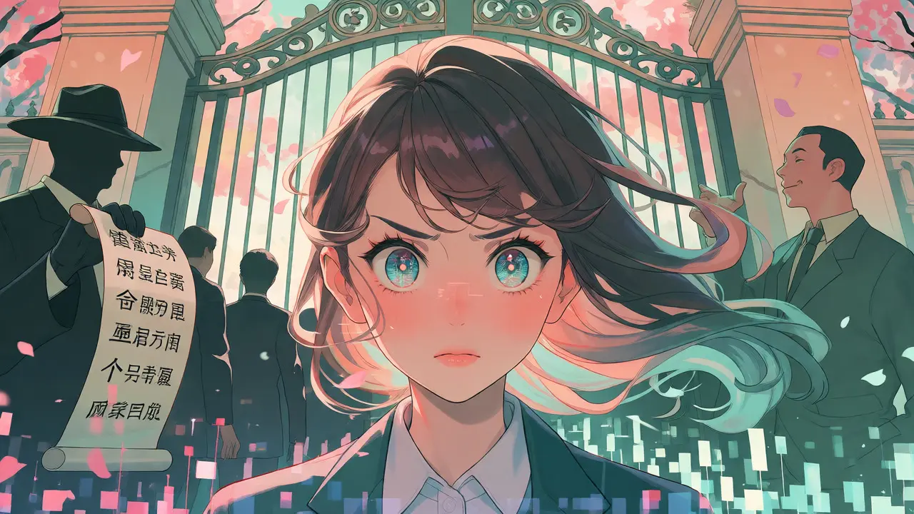Anime girl facing regulatory gates with falling cherry blossoms turning into digital pixels.