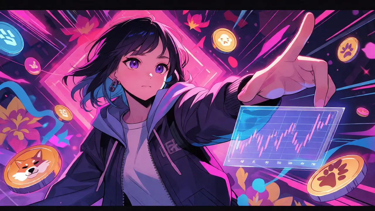 Anime girl interacting with holographic crypto charts