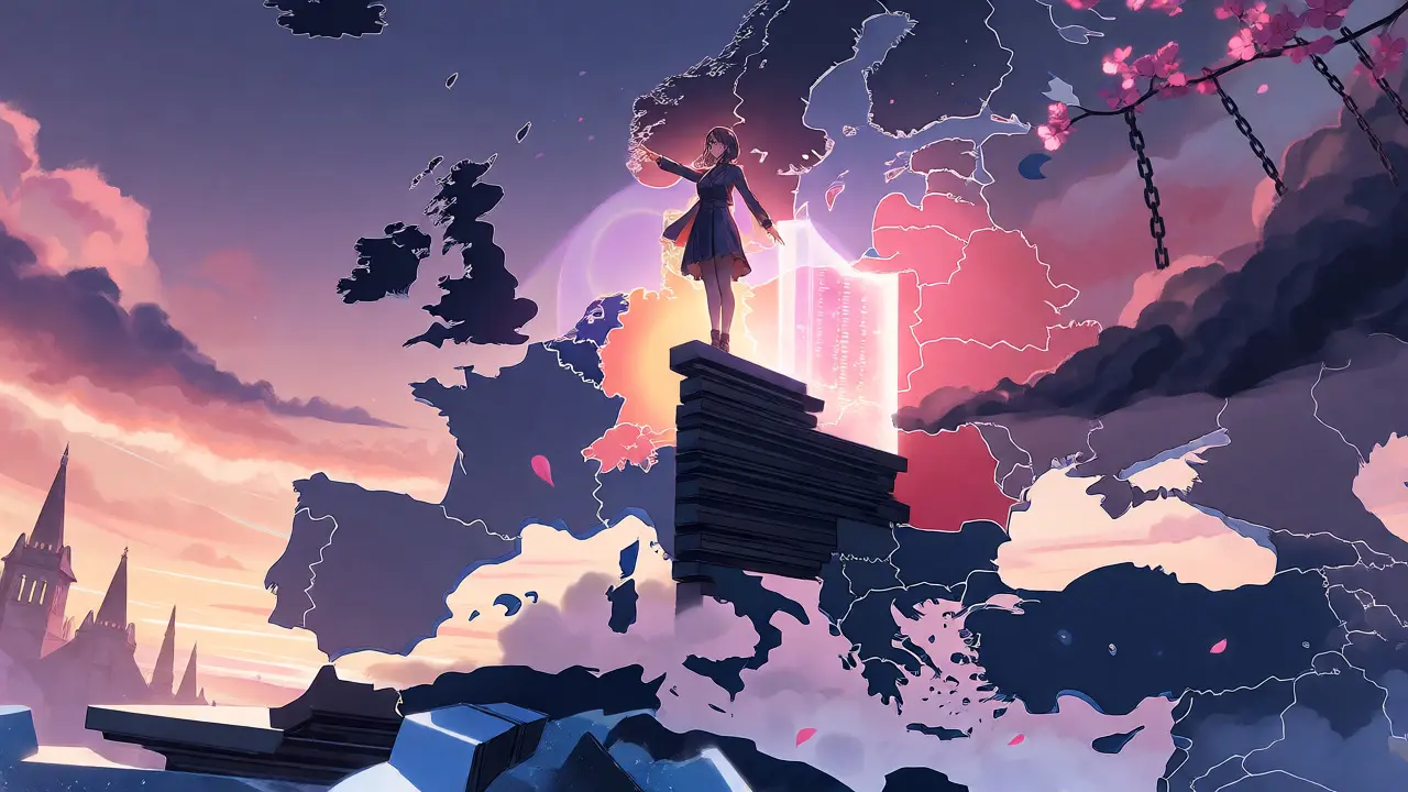 Anime girl standing on digital blocks overlooking Europe with Germany highlighted.