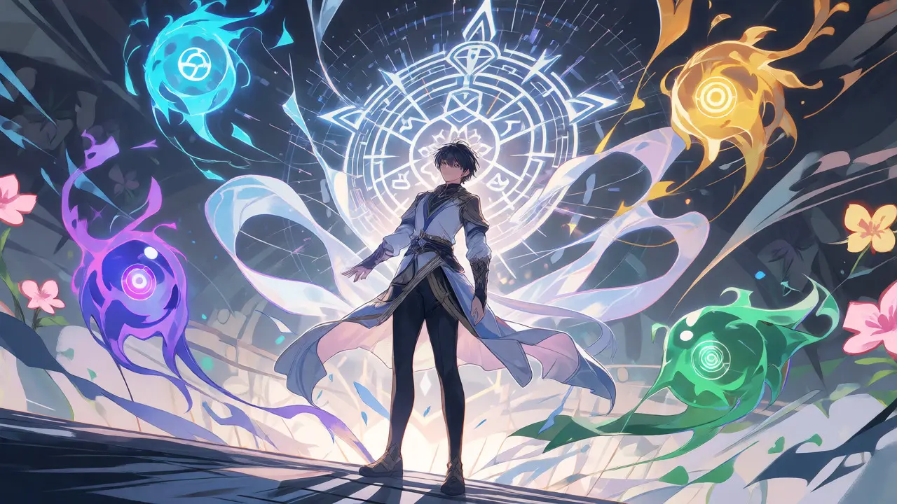 Anime hero surrounded by magical spirits representing EIP-4337 account abstraction components.