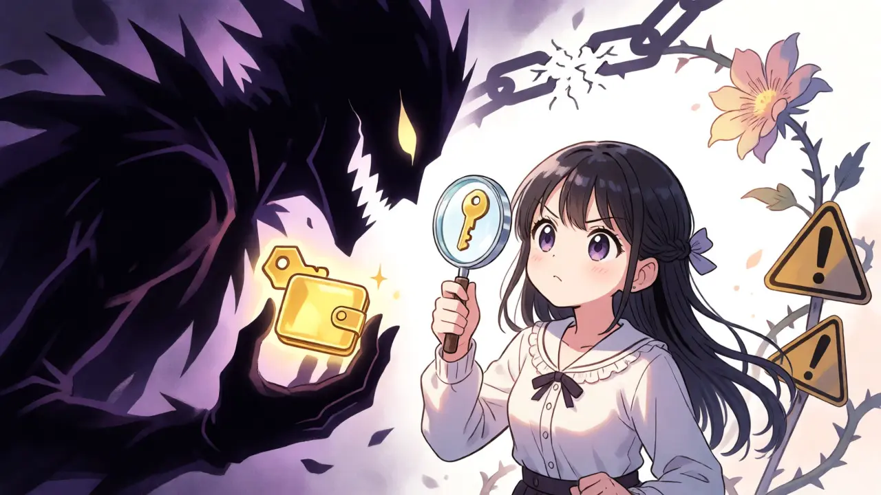 Anime heroine confronting a shadowy scammer holding a cracked golden wallet.