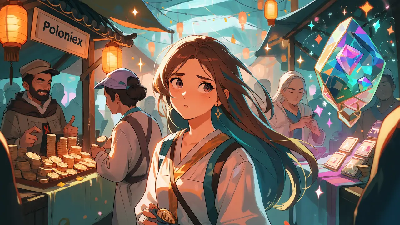 Anime heroine navigating a fantasy marketplace with stalls representing crypto exchanges.