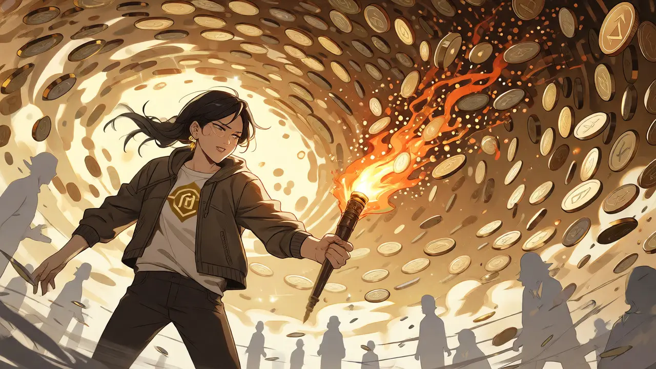 Anime illustration of a community member aggressively burning LUNC tokens to reduce supply.