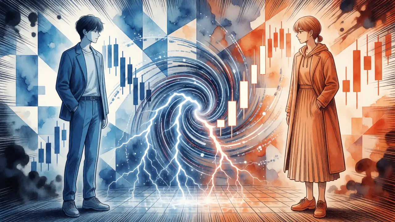 Anime illustration of price divergence causing asset imbalance in a liquidity pool.