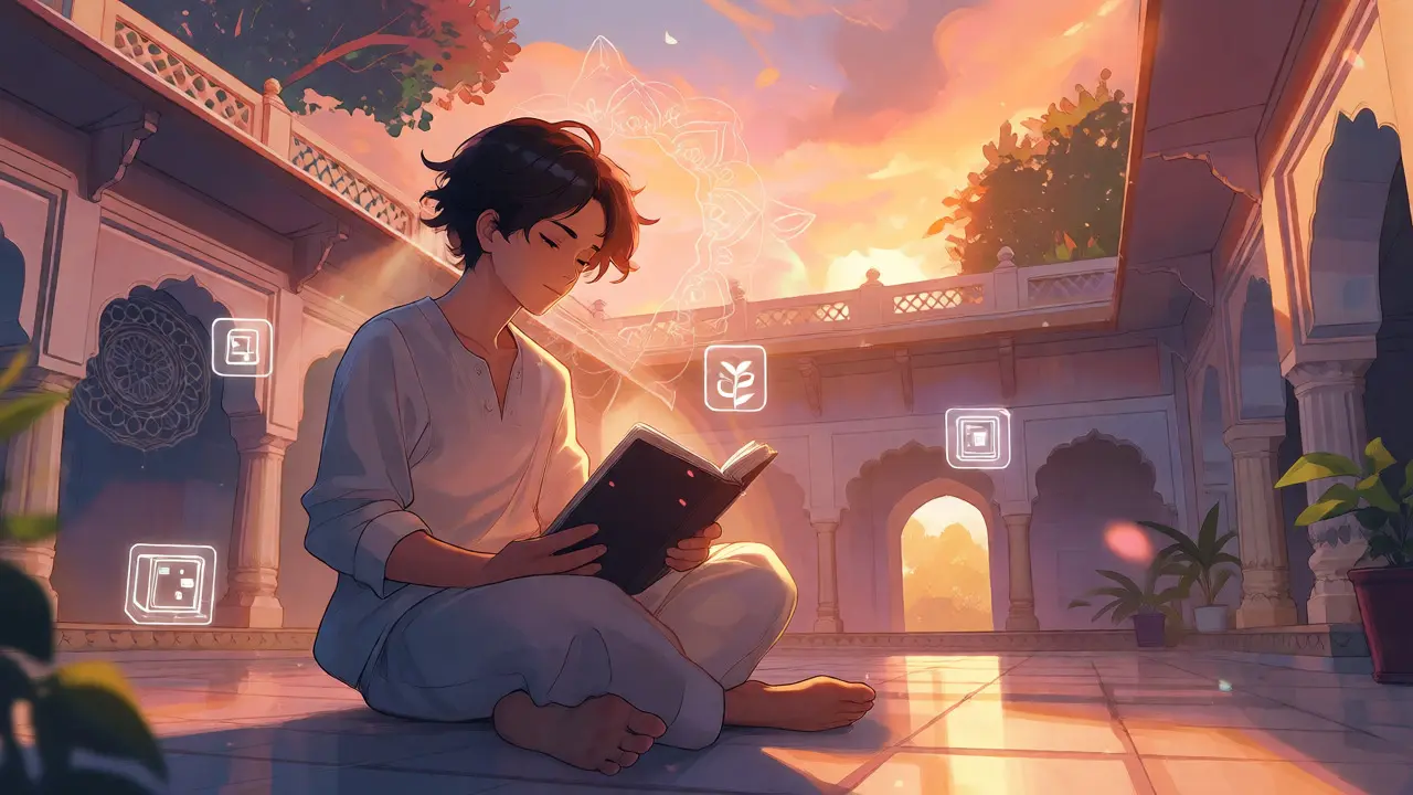 Calm trader strategizing in a serene Indian courtyard