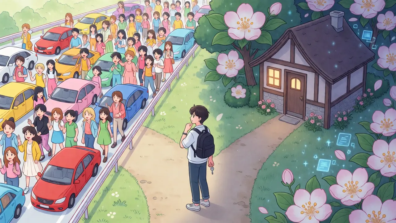 Character choosing between busy highway and quiet niche path