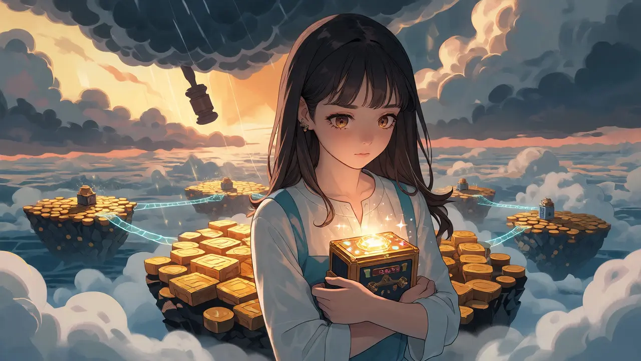 Character on a coin island holding a secure wallet while looking at alternative exchange islands.