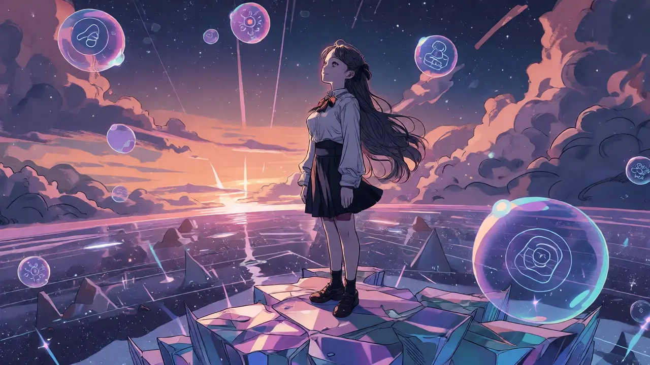Character overlooking a starry digital landscape at sunset