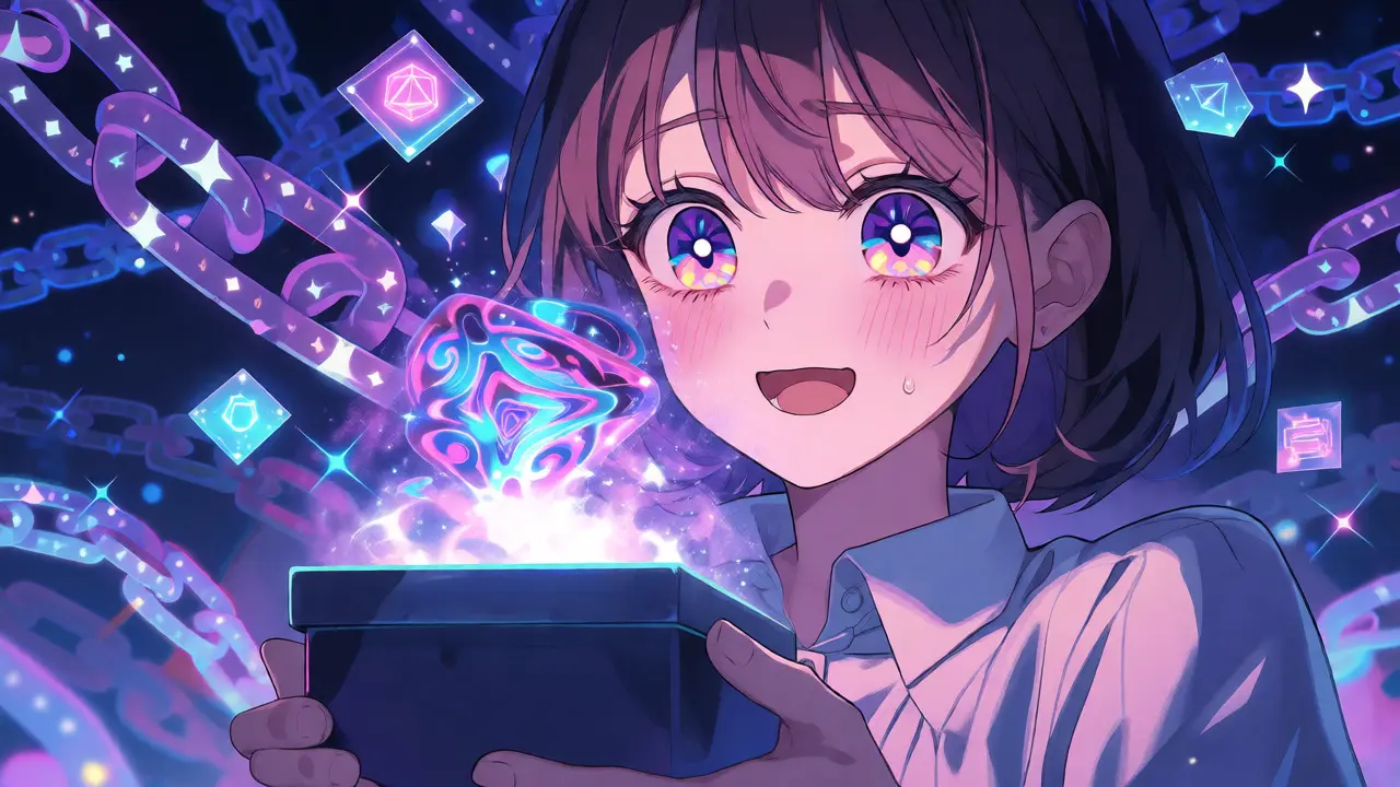 Character reacting to a mystery box NFT reveal with excitement