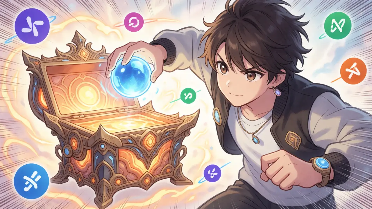 Character staking tokens into a glowing PowerPool