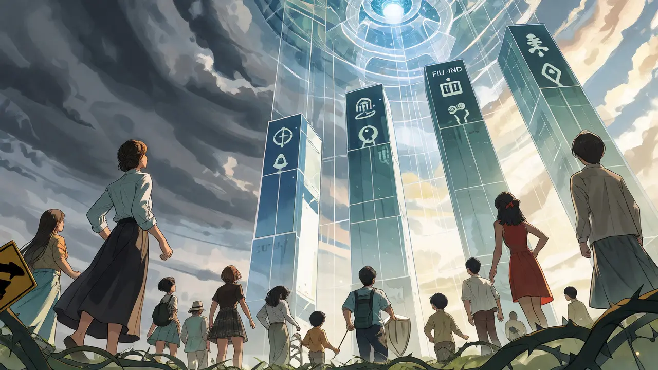 Characters navigating a path toward a towering regulatory structure of light.