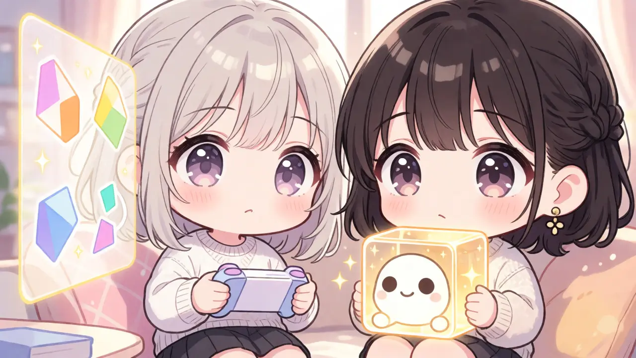 Chibi avatars taking a quiz with a glowing MOMO NFT in a bright room