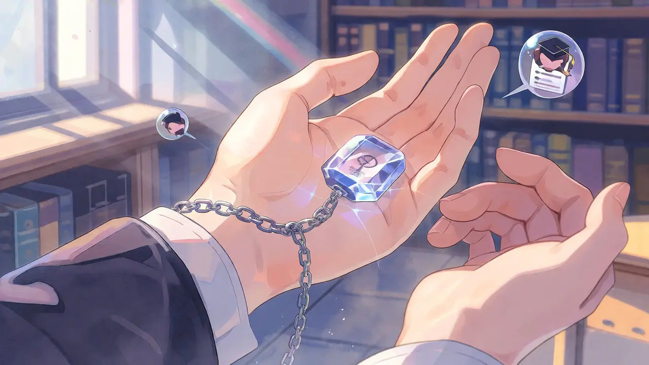 Close-up of hands holding a soulbound token crystal in a dreamy academic setting