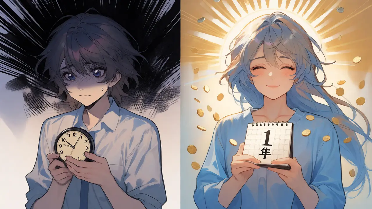 Contrast between stressed short-term trader and happy long-term holder in anime art.