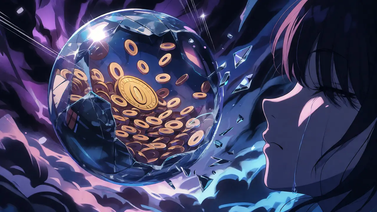 Dramatic shoujo manga scene showing a shattered token orb spilling worthless coins.