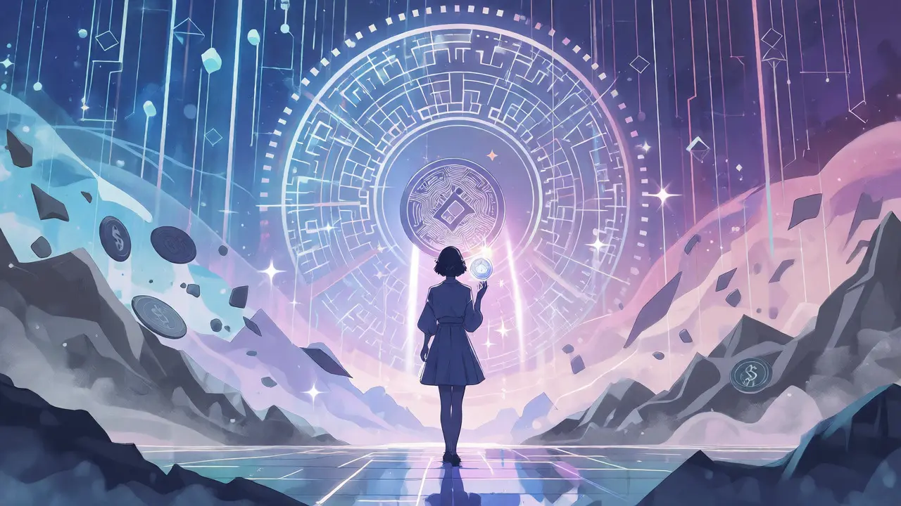 Figure standing before a radiant e-CNY gate pushing back chaotic crypto symbols.