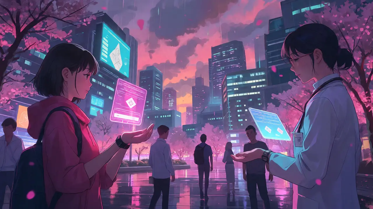 Futuristic city scene with characters using holographic identity proofs
