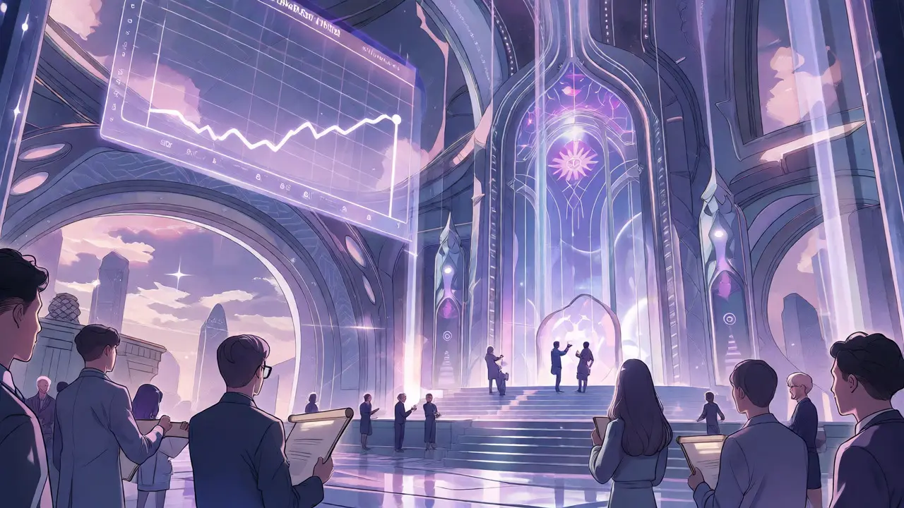Futuristic crystal city with citizens voting under a holographic financial chart.